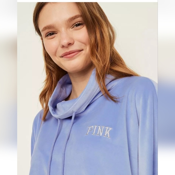 PINK Victoria's Secret Sweaters - Victoria's Secret Light blue VELOUR VARSITY COWL -READ DESCRIPTION